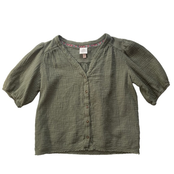 Knox Rose Cotton Gauze Button Front Puff Sleeve Top Size M Olive Green - Picture 1 of 6